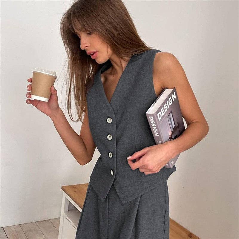 V-Neck Vest And Straight-Leg Pants Suit - Charcoal