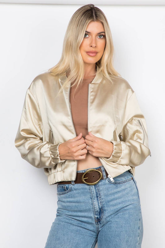 Satin Zip Up Bomber Jacket - Stone/Khaki