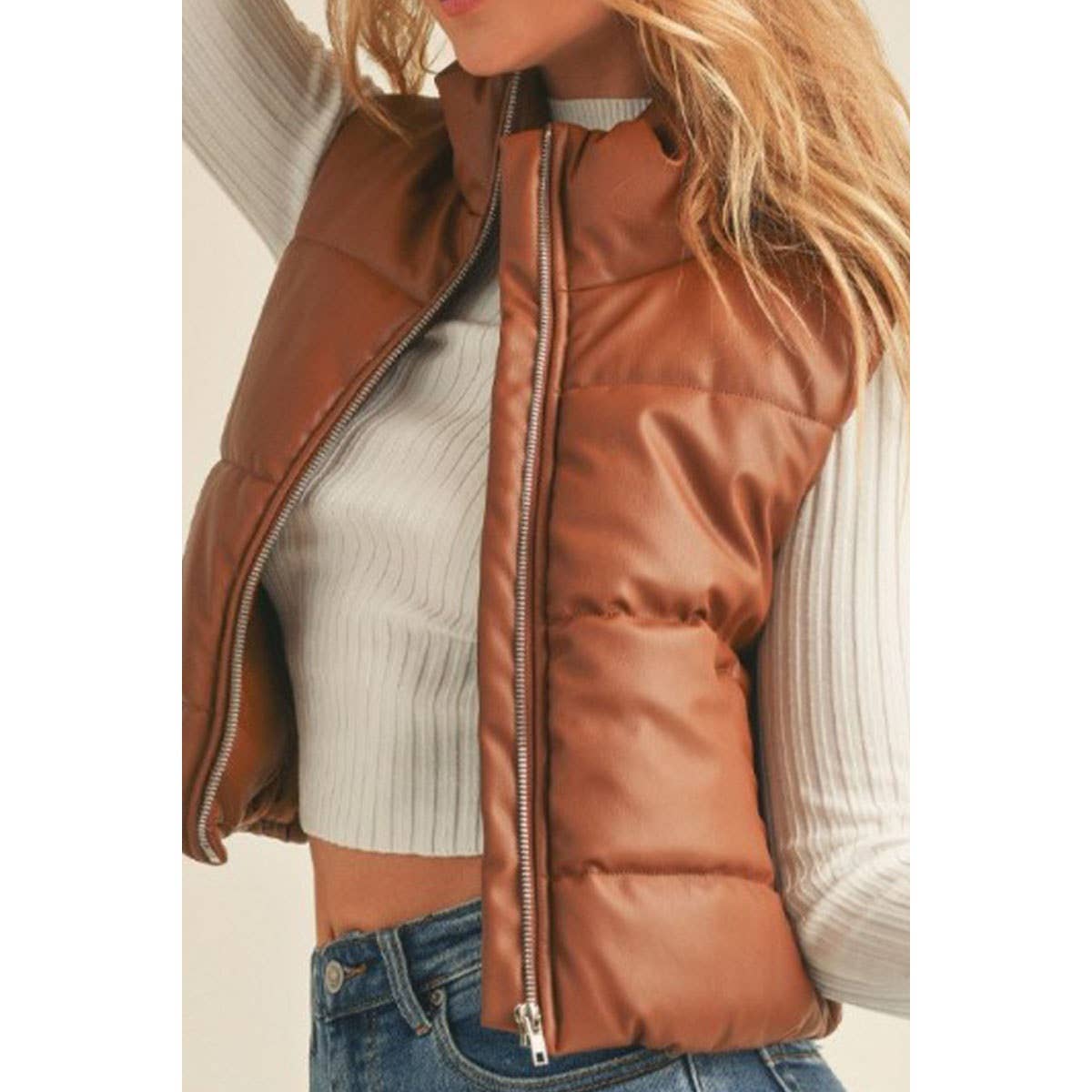 Faux Leather Puffer Vest - Tan