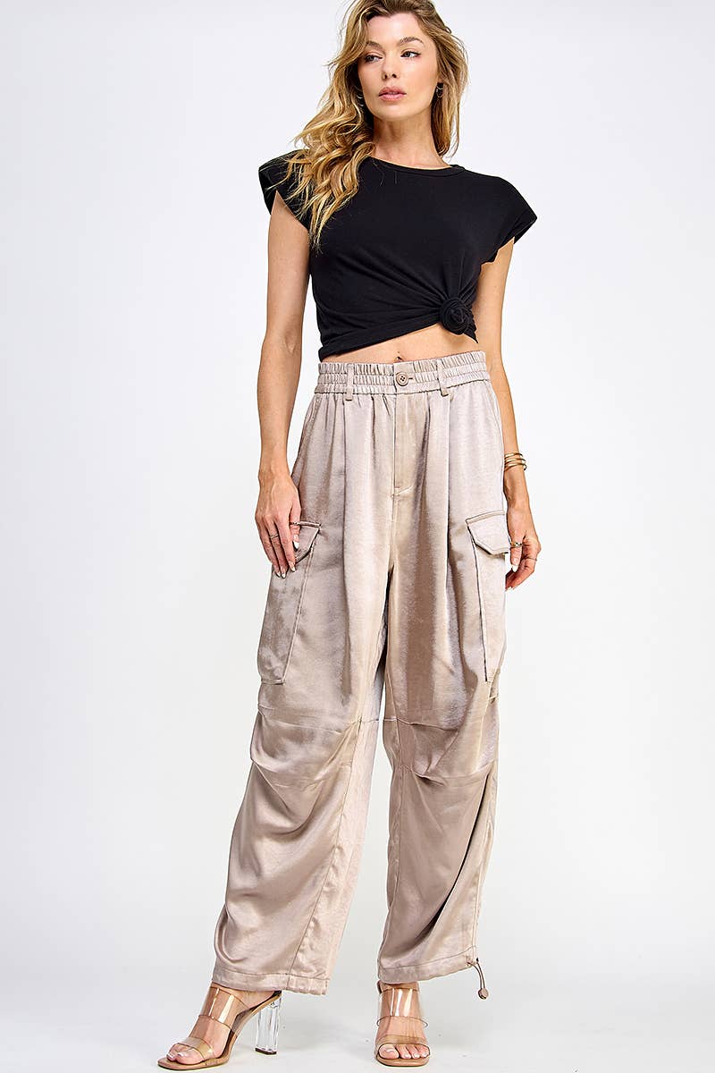 Silky Banded Waist Wide Leg Cargo Pants - Mushroom