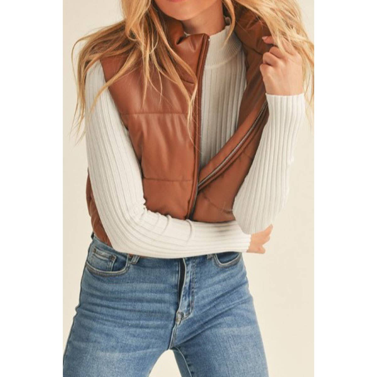 Faux Leather Puffer Vest - Tan