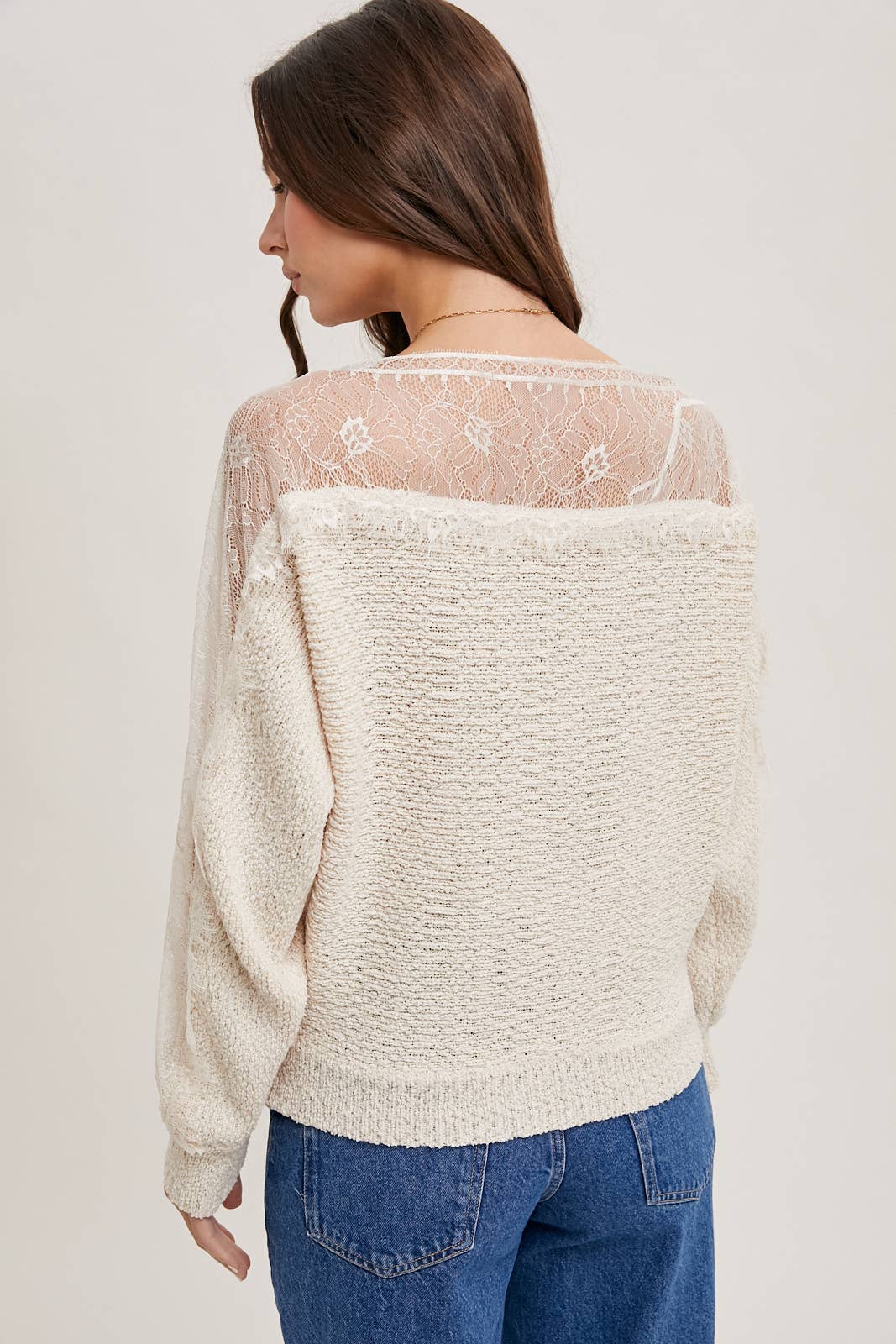 Boat Neck Lace Trimmed Knit Sweater: Pink Beige