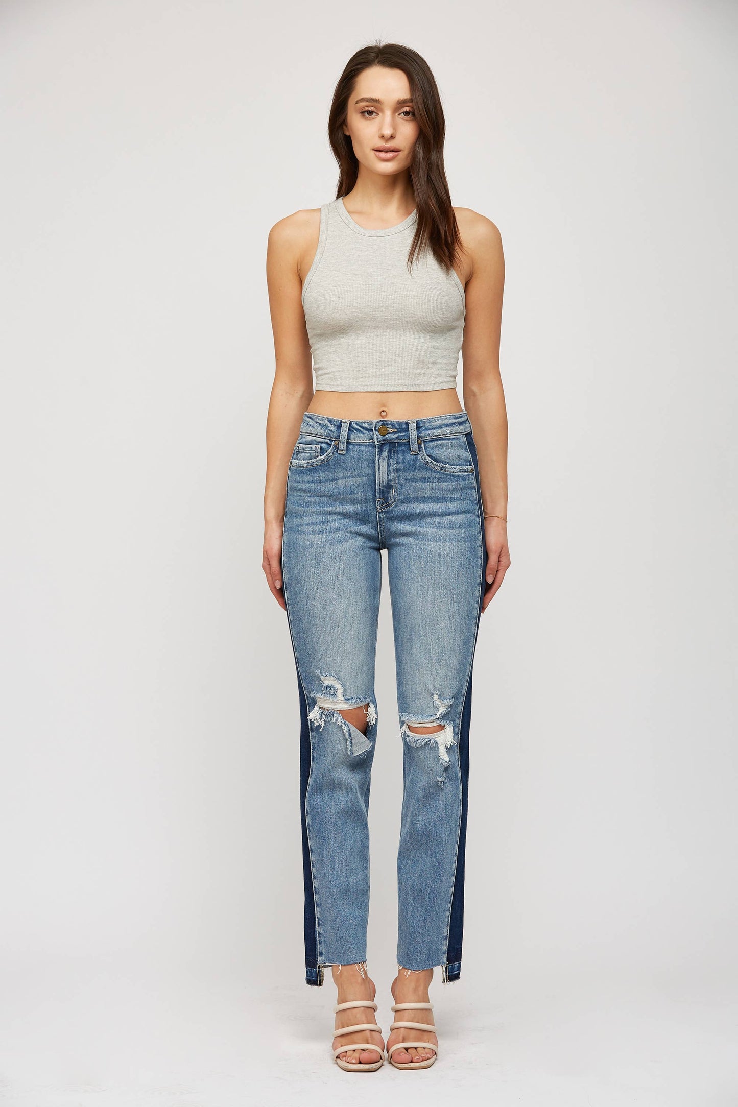 High-Rise Color Block Straight Leg Jeans - Medium Wash