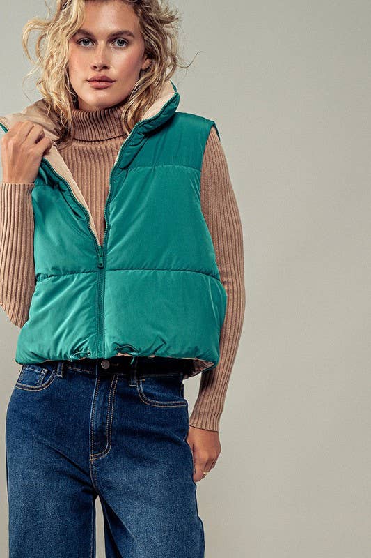Reversible Cropped Puff Vest: Jade Green & Beige