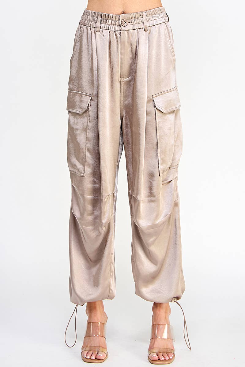 Silky Banded Waist Wide Leg Cargo Pants - Mushroom