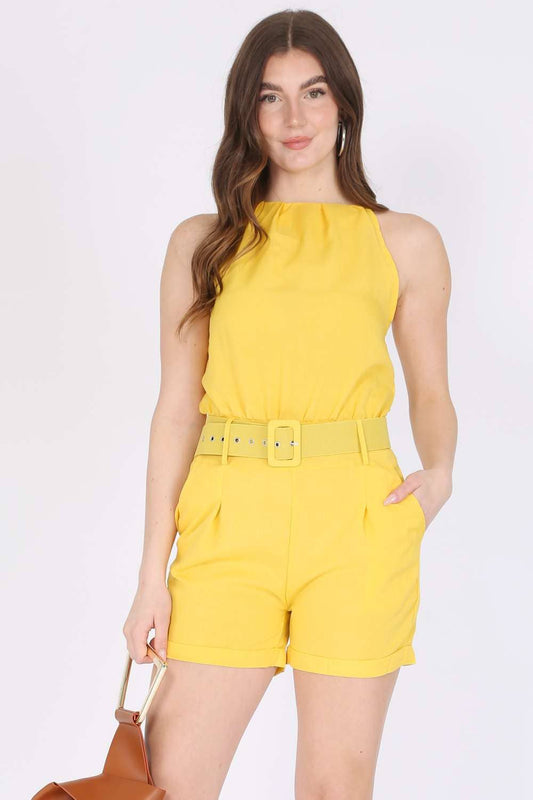 Belted Halter Top Pocket Romper - Yellow Ochre FINAL SALE