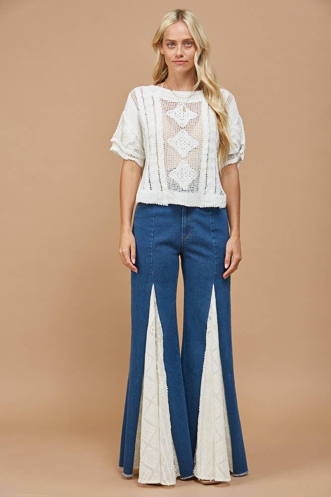 Lace Detail Wide Leg Jeans Mid Denim - Medium Wash