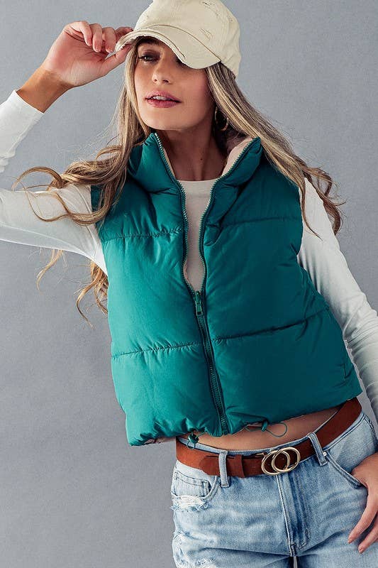 Reversible Cropped Puff Vest: Jade Green & Beige