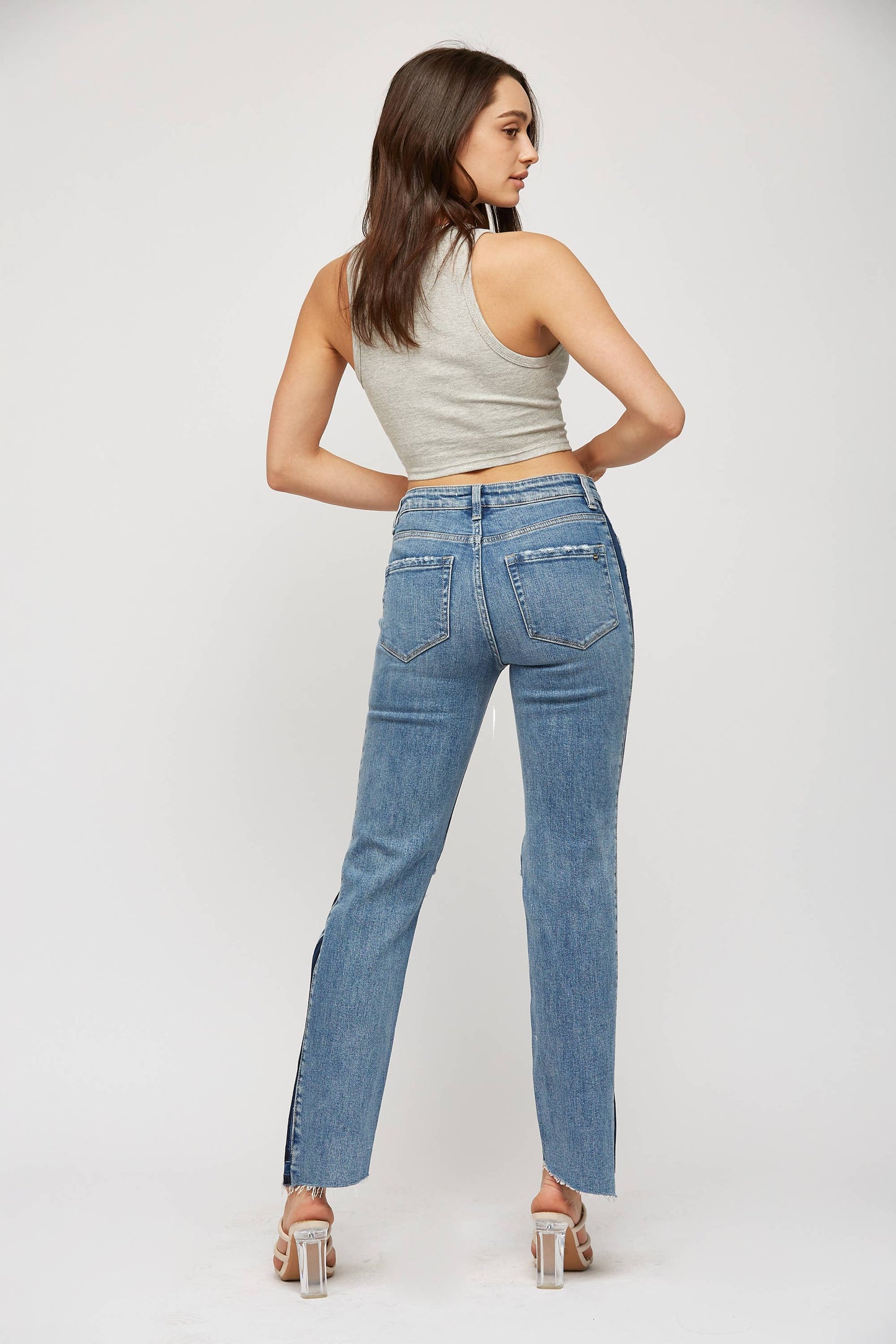 High-Rise Color Block Straight Leg Jeans - Medium Wash