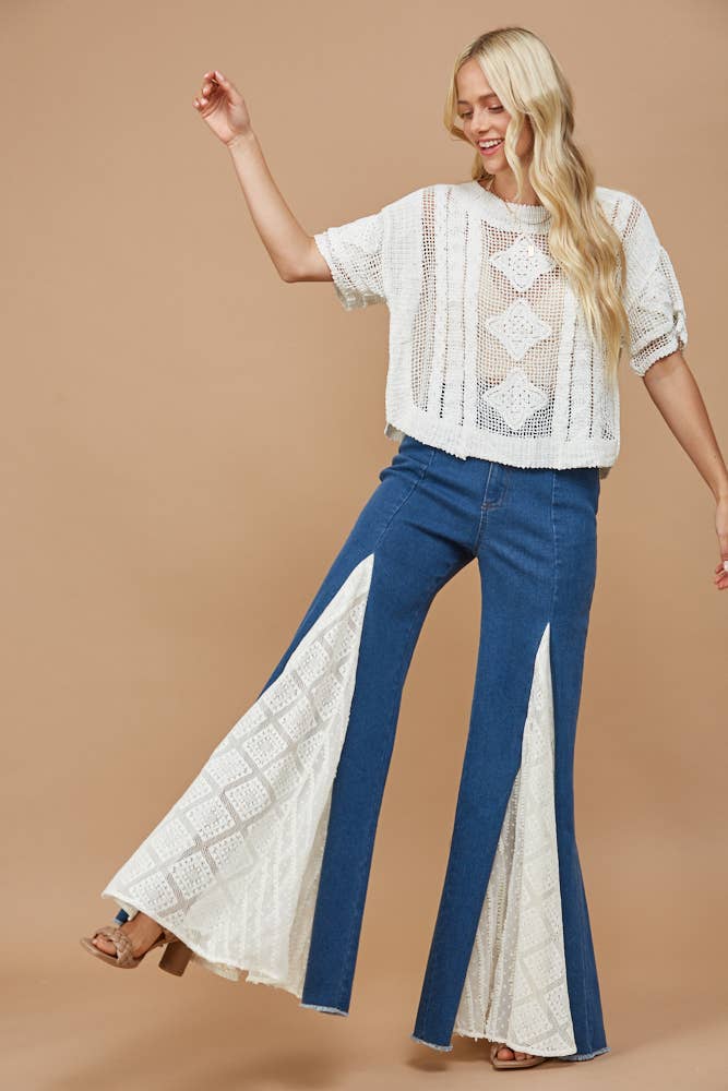 Lace Detail Wide Leg Jeans Mid Denim - Medium Wash