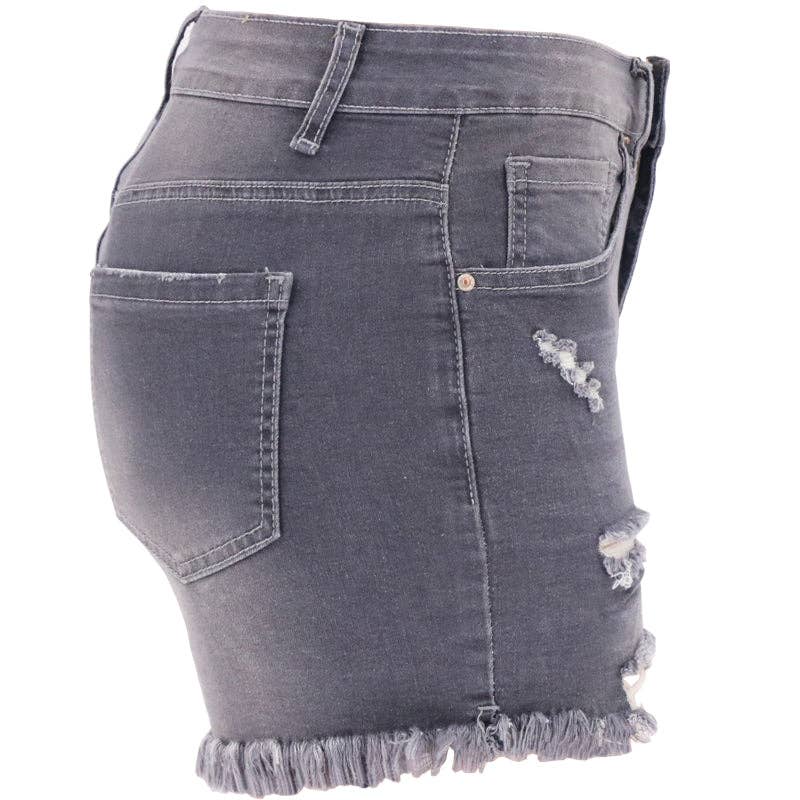 High-rise Ripped Stretch Denim Shorts - Charcoal FINAL SALE