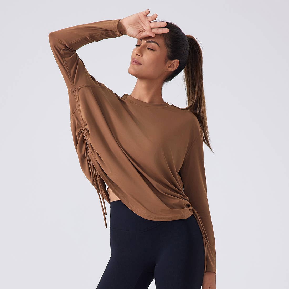Women Loose Long Sleeve Breathable Fitness Yoga Top - Tan