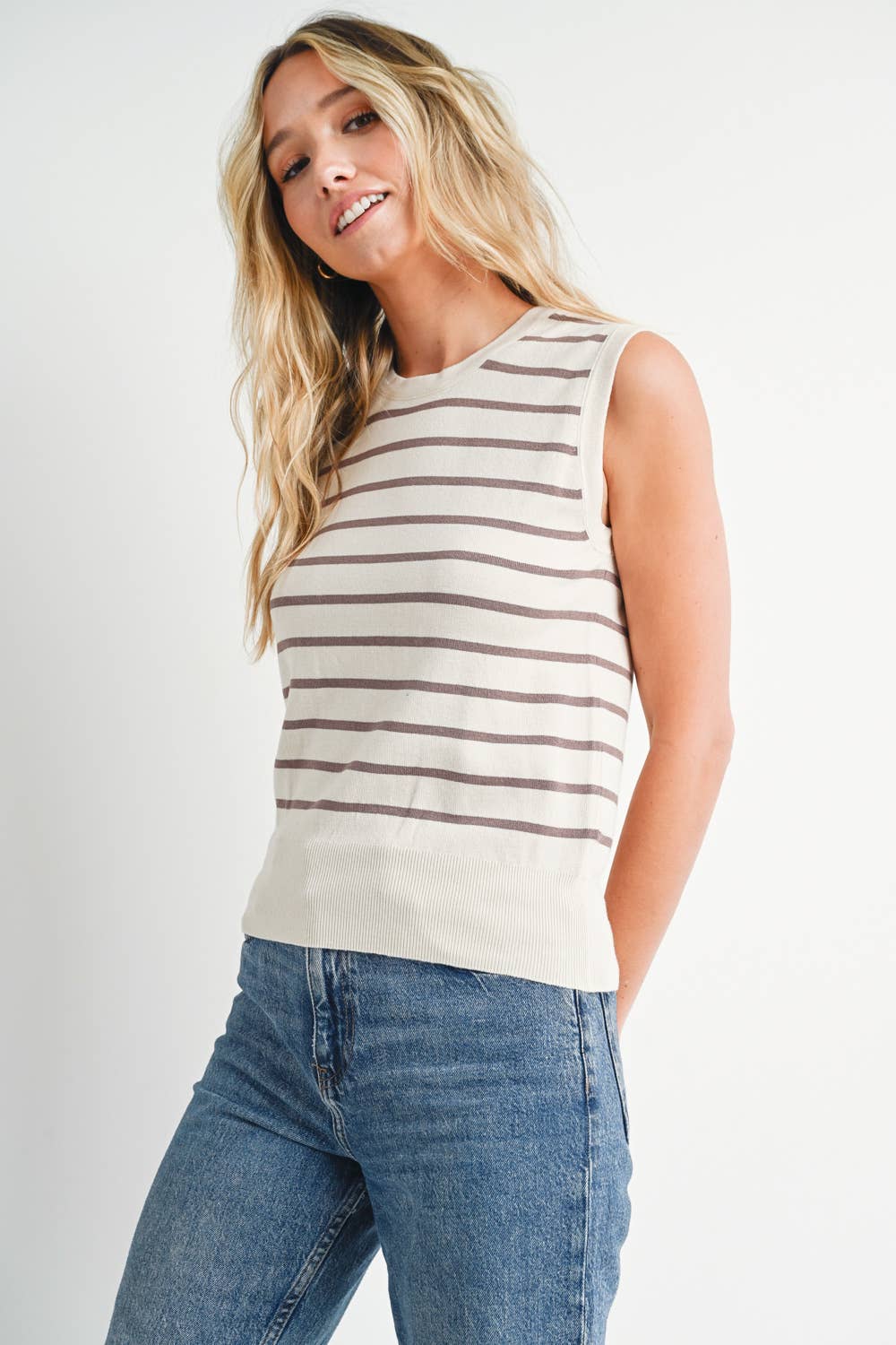 Striped Muscle Knit Tank Top - Coco Stripe