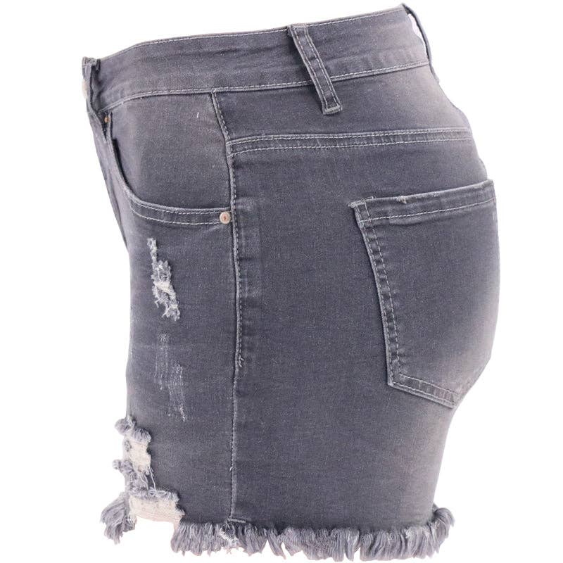 High-rise Ripped Stretch Denim Shorts - Charcoal FINAL SALE