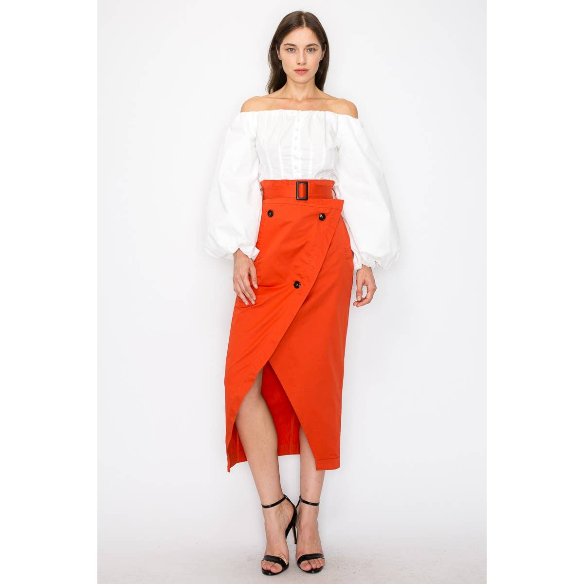 Belted Wrap Front Midi Skirt - Terracotta/Rust