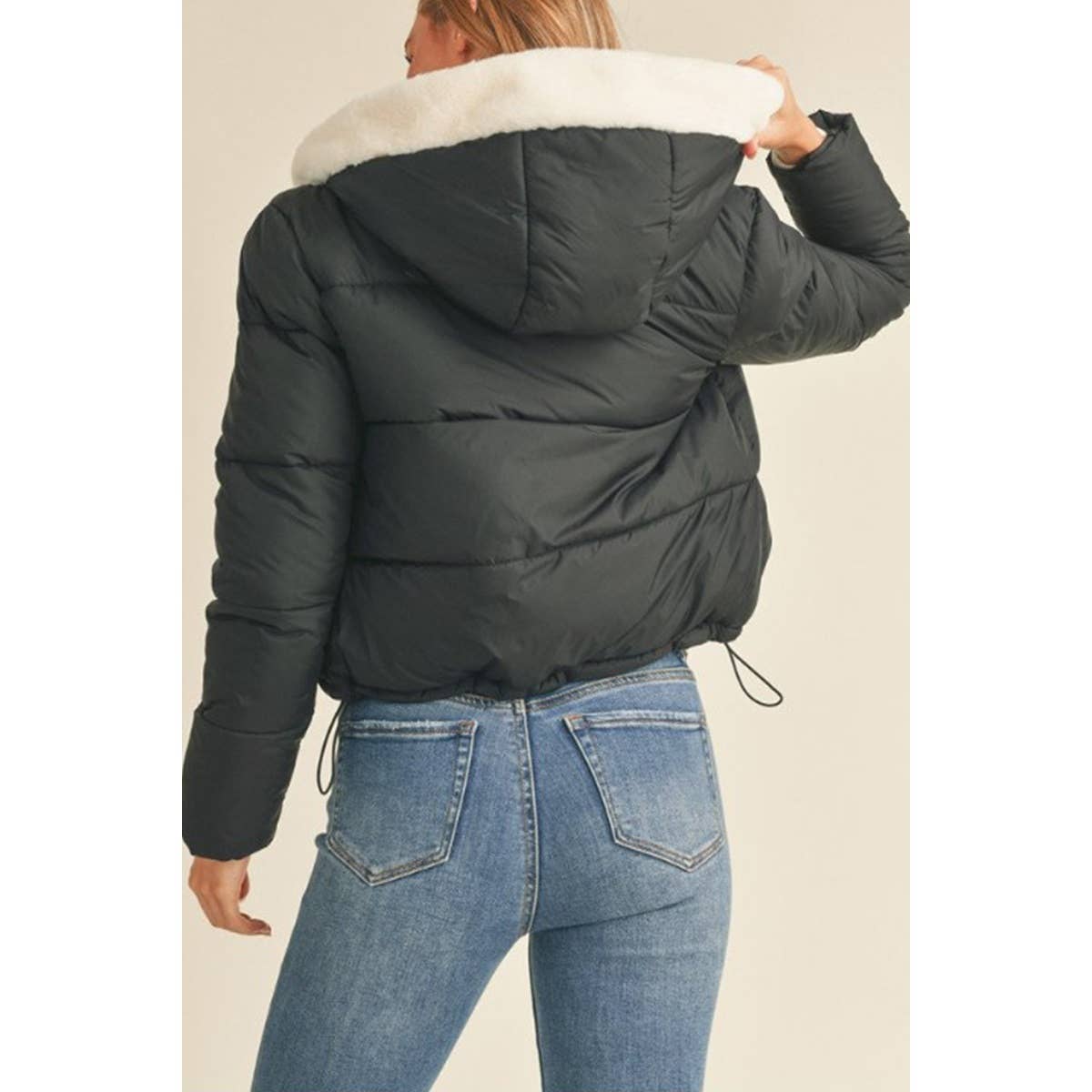 Hoodie Faux Down Nylon Puffer Jacket - Black