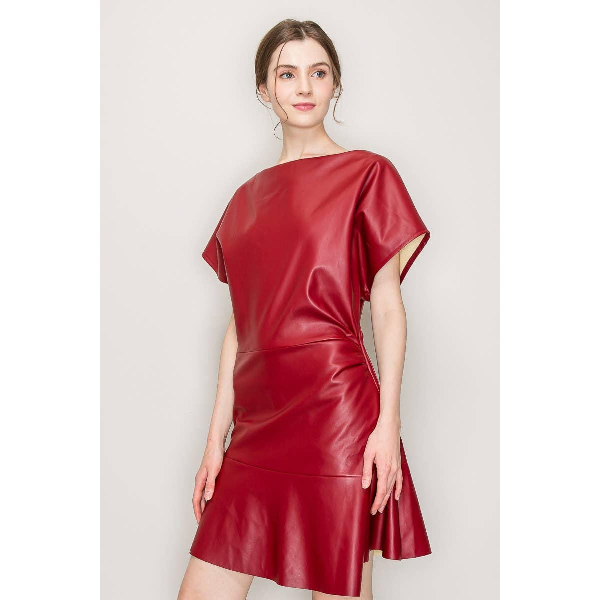 Boat Neck Faux Leather Short Sleeve Mini Dress - Burgundy