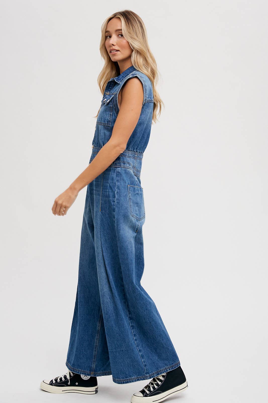 Denim Sleeveless Jumpsuit: Medium Wash FINAL SALE