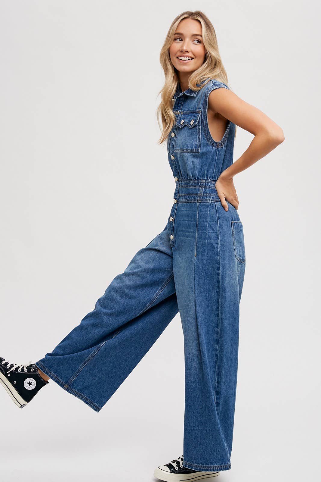 Denim Sleeveless Jumpsuit: Medium Wash FINAL SALE