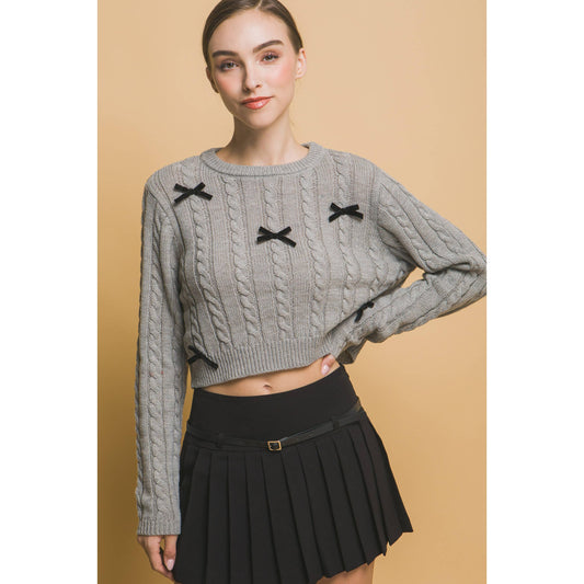 Cropped Sweater w/Bows - Light Grey & Black