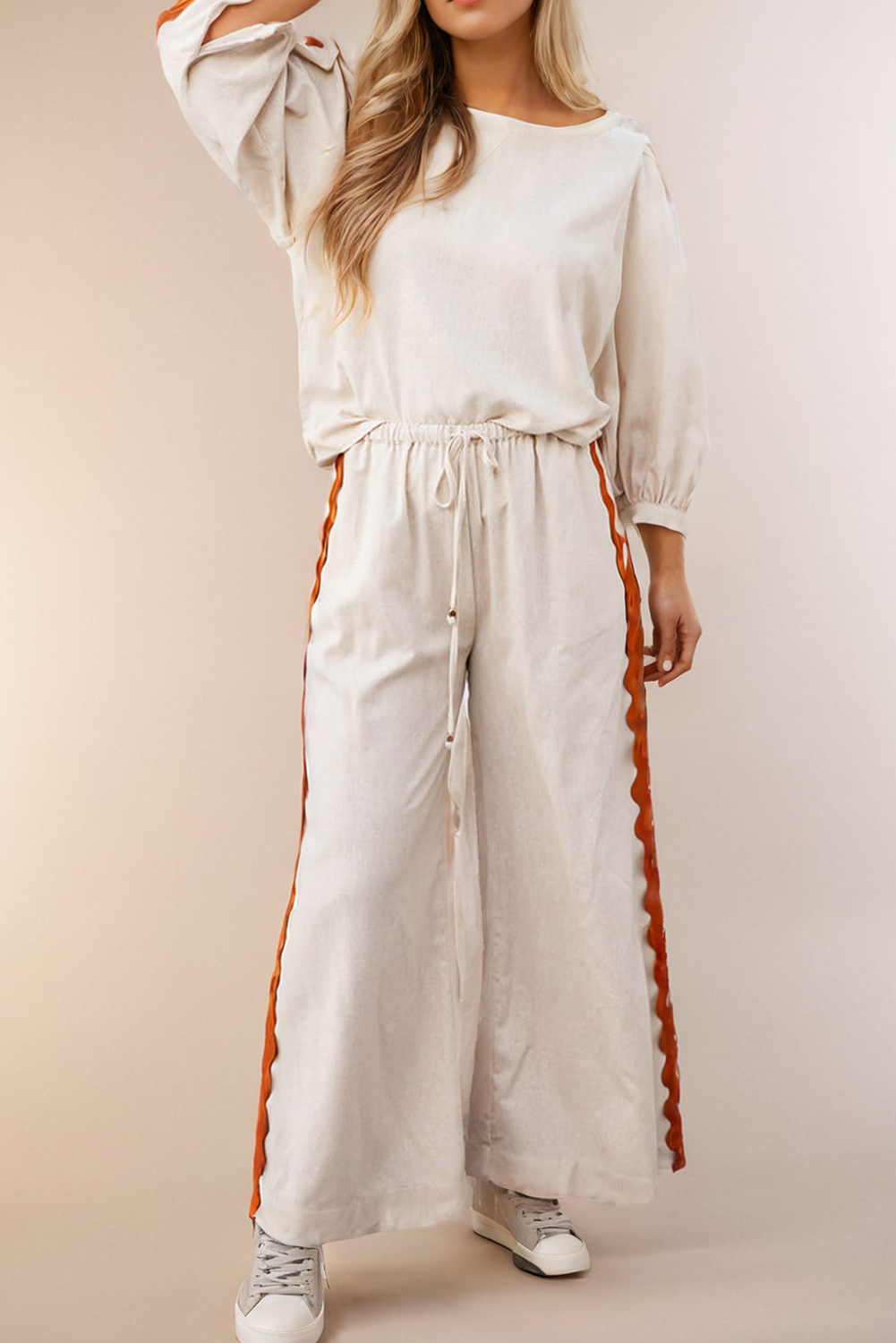 Long Sleeve Wide Leg Lounge Set: Cream w/Orange/Tangerine