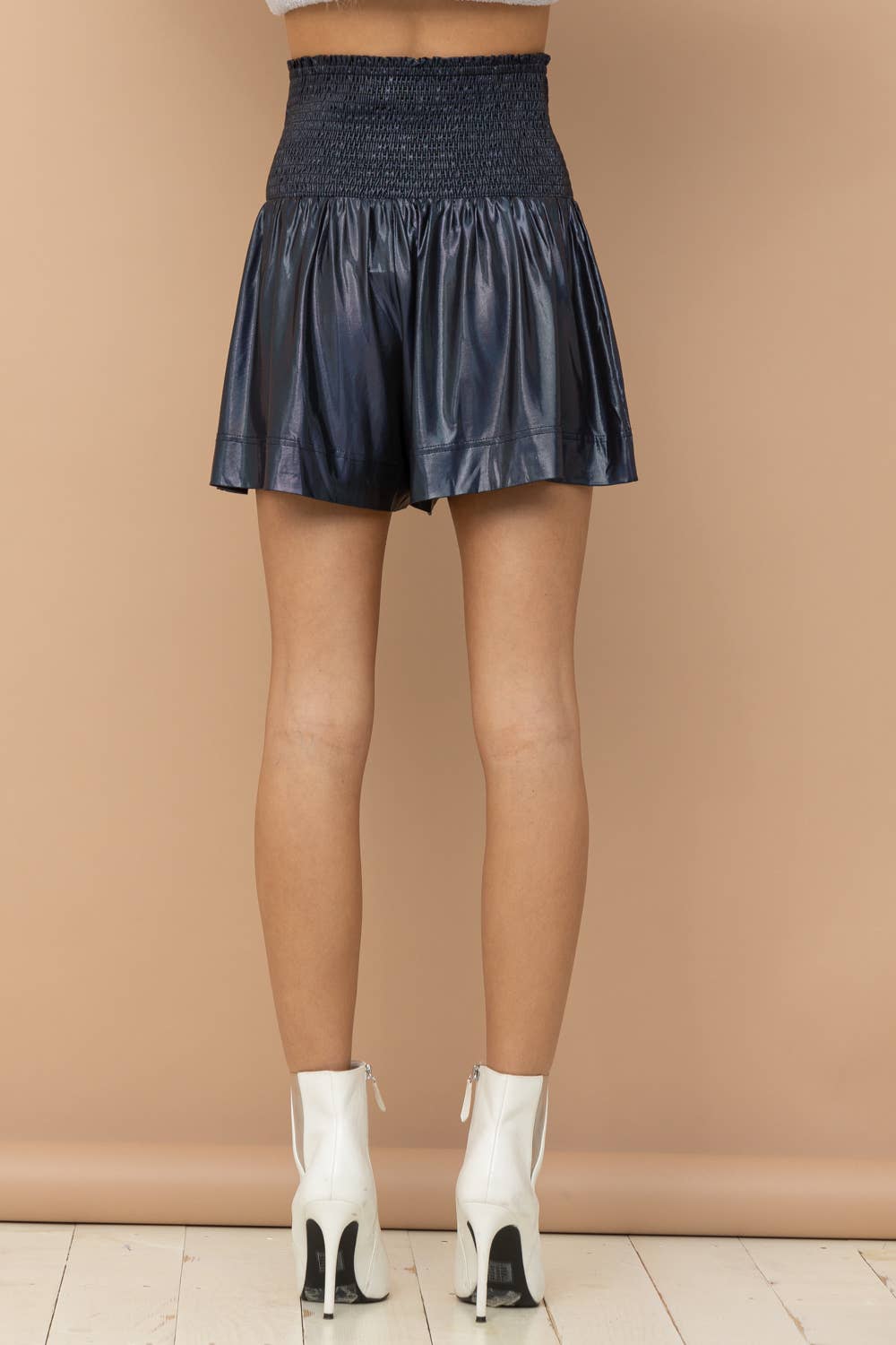 Smocked Waist Metallic Shorts - Marine/French Navy