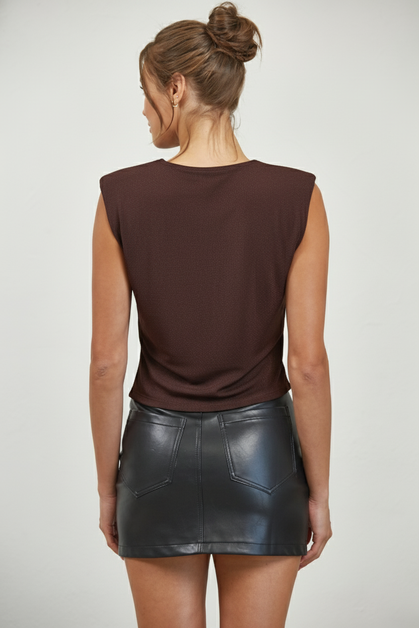Cropped Crew Neck Wrap Knit Top - Dark Brown