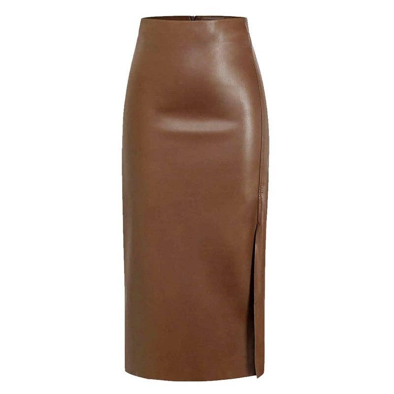 High Waist PU Leather Midi Skirt With Side Slit - Tan