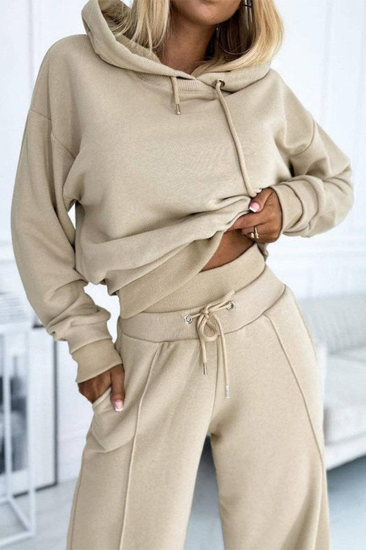 Hooded Collar Long-Sleeve Two Piece Set: Beige