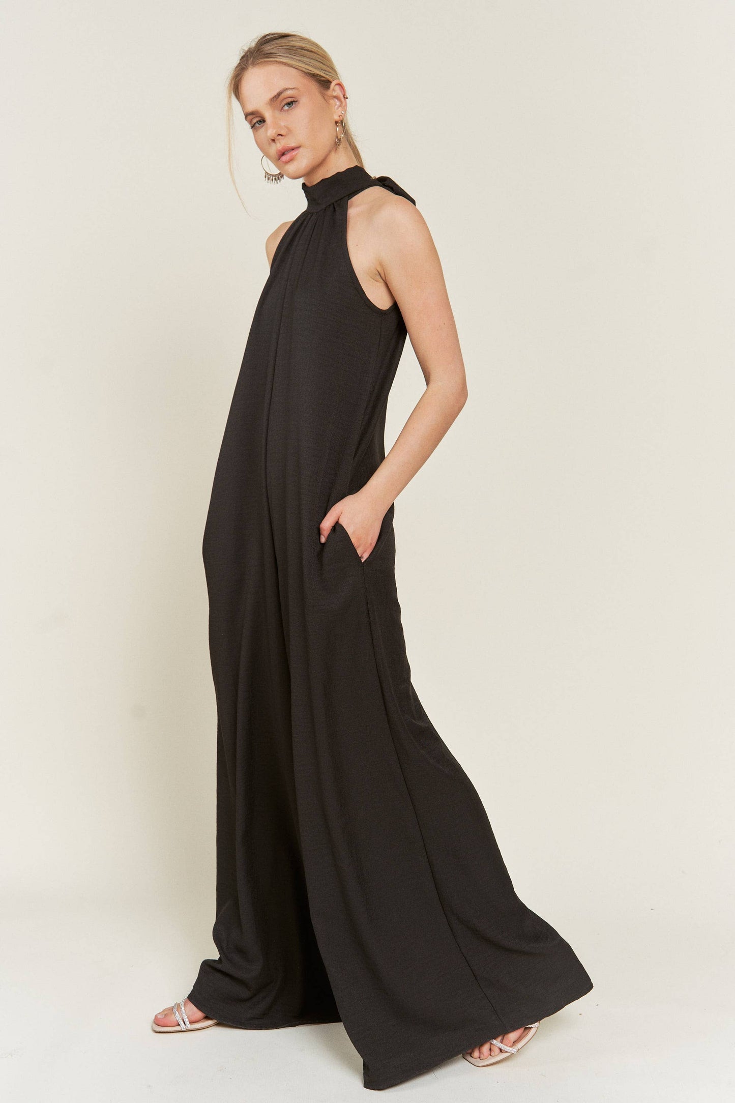 Halter Neck Wide Leg Jumpsuit - Black