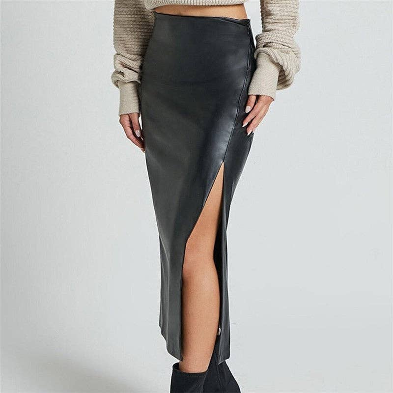High Waist PU Leather Midi Skirt With Side Slit - Black