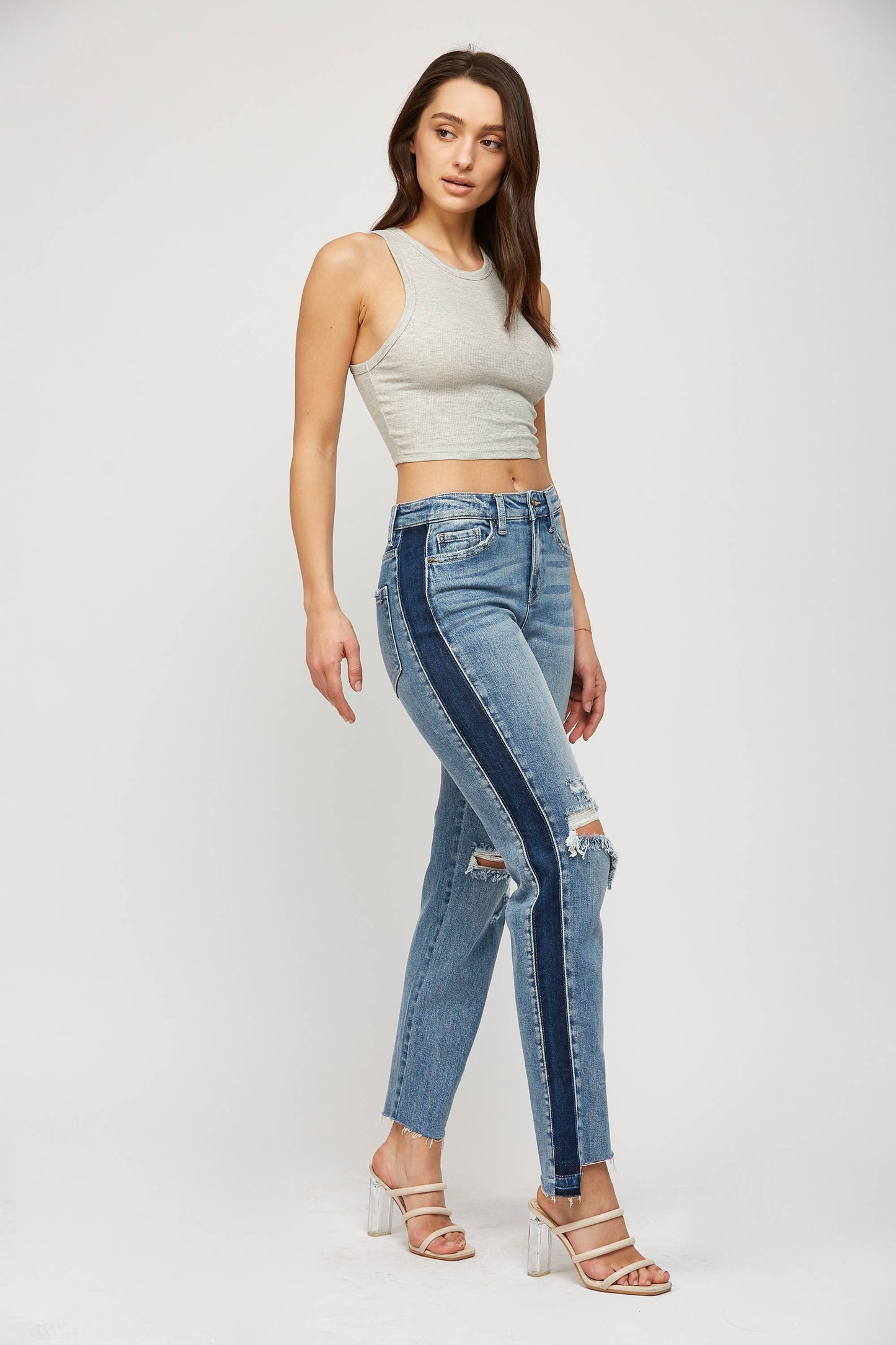 High-Rise Color Block Straight Leg Jeans - Medium Wash