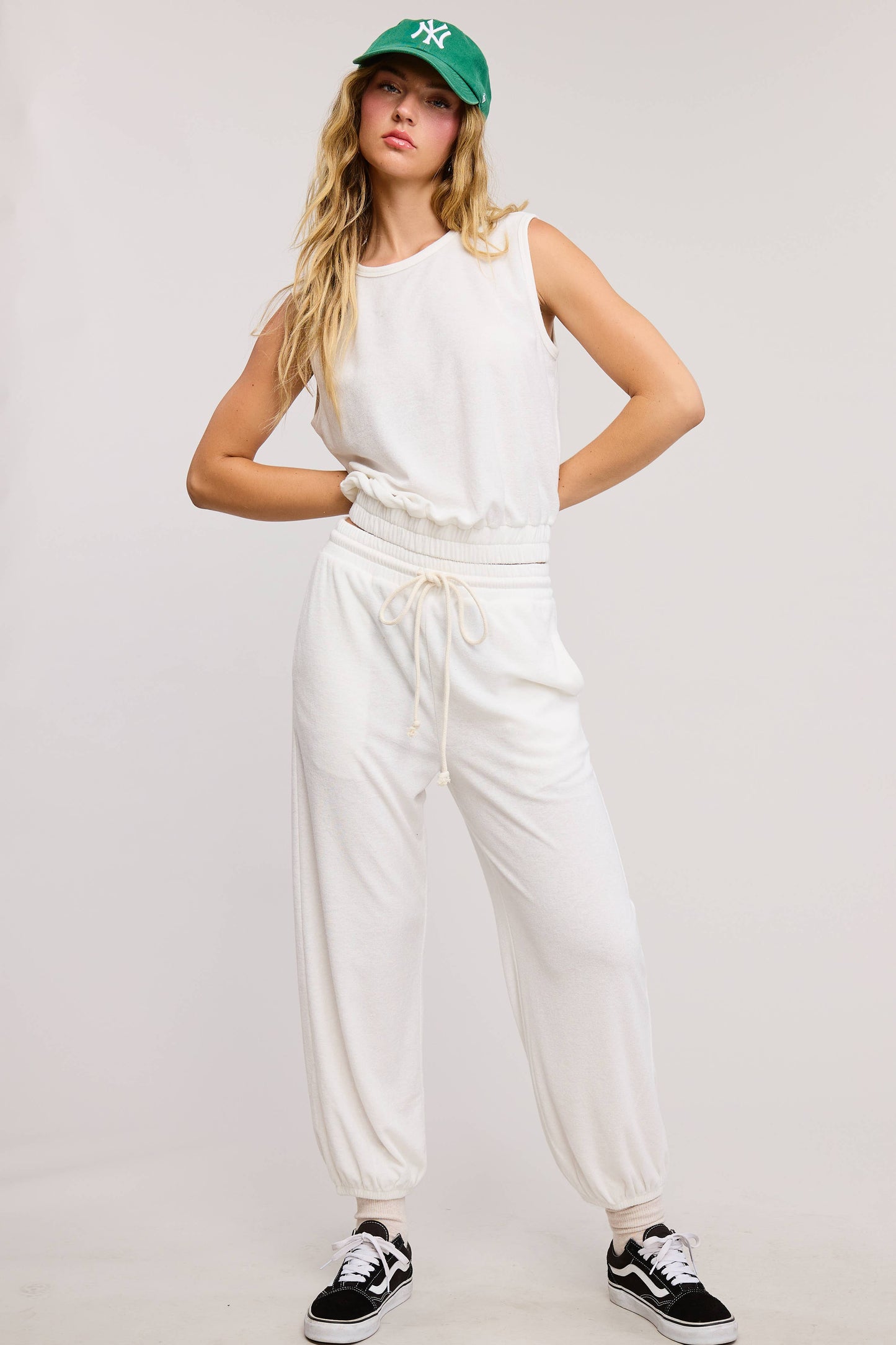 Terry Knit Tank & Jogger Set -  Soft White/Cream