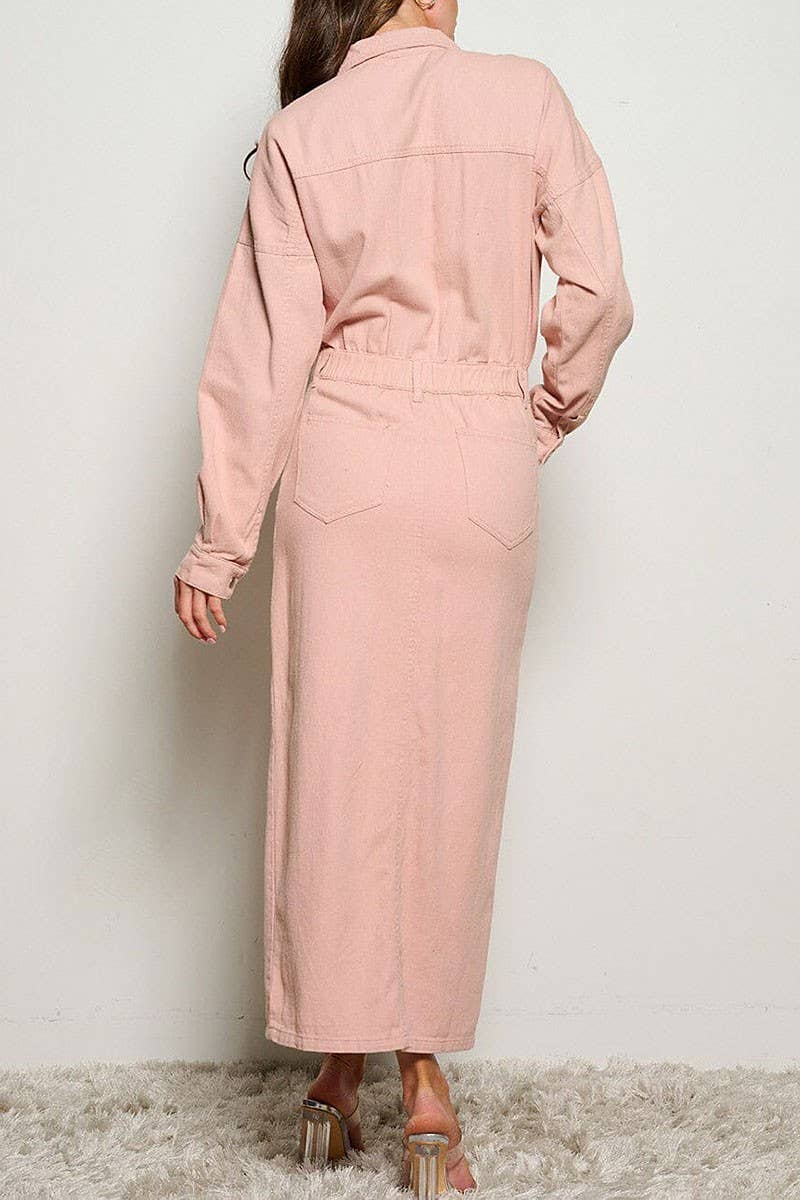 Button Up Denim Maxi Dress - Dusty Pink