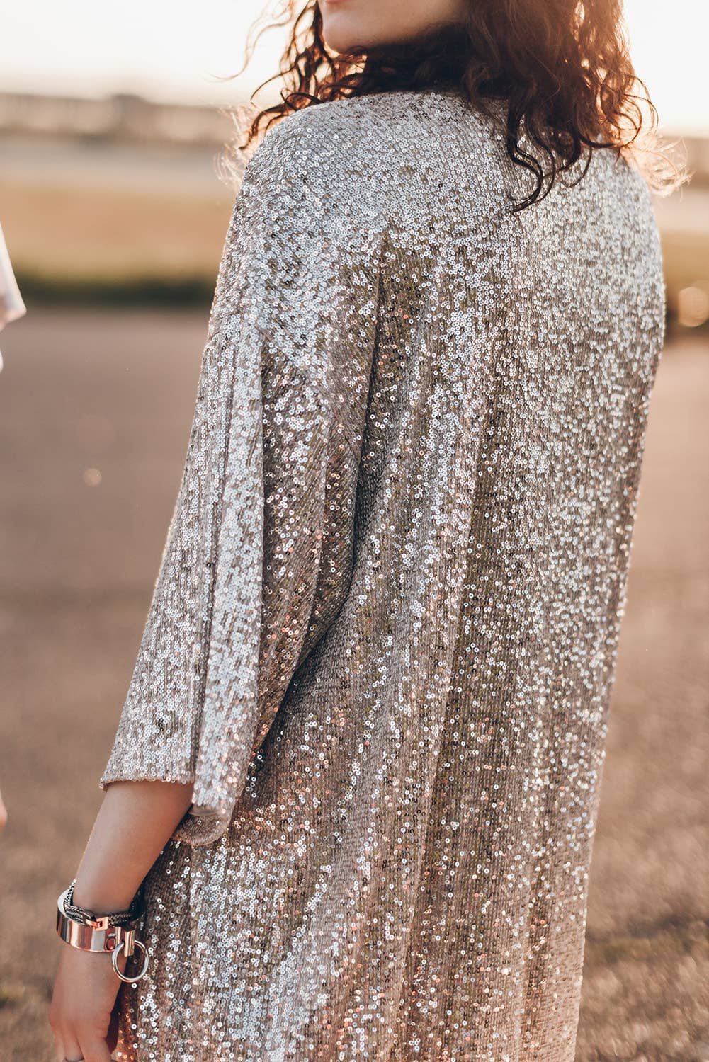 Sequin 3/4 Sleeve Open Front Duster Kimono - Beige & Silver
