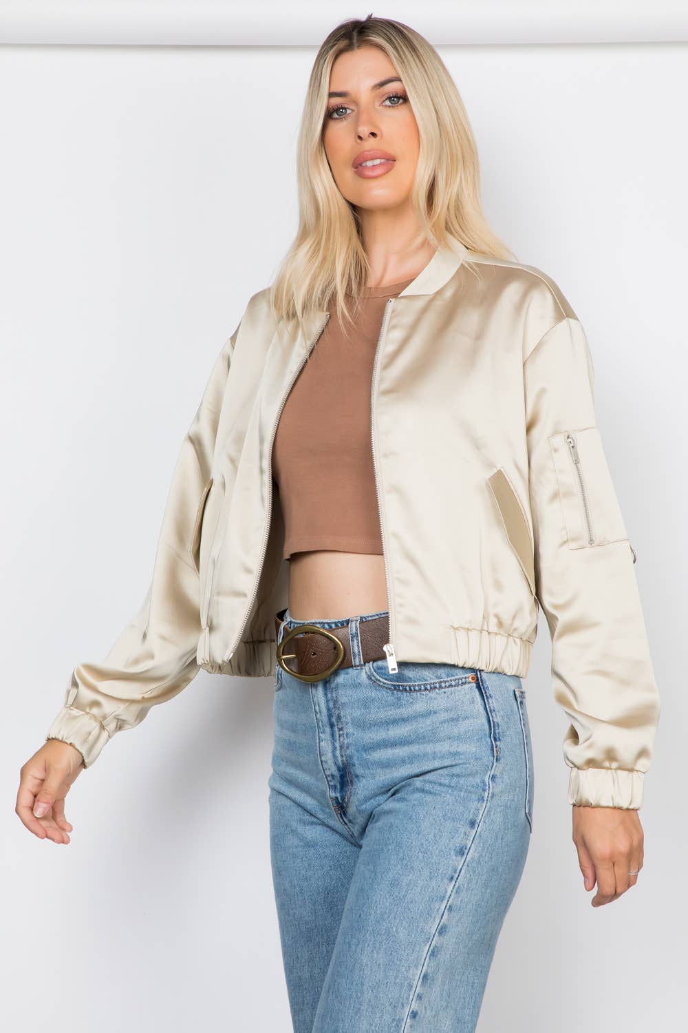 Satin Zip Up Bomber Jacket - Stone/Khaki