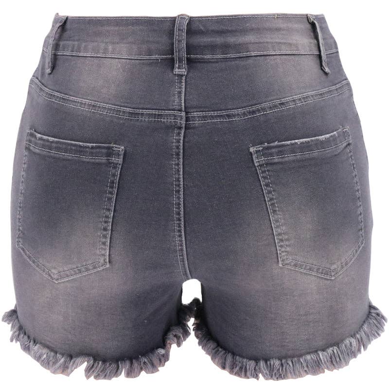 High-rise Ripped Stretch Denim Shorts - Charcoal FINAL SALE