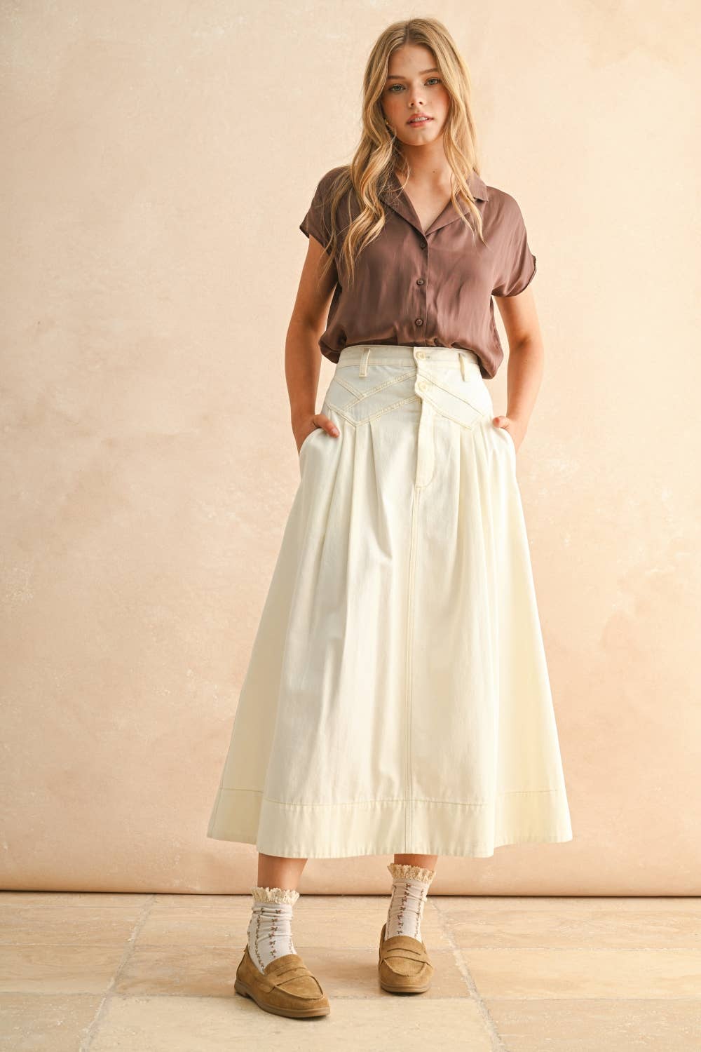 Button Down Cap Sleeve Shirt: Rose Brown