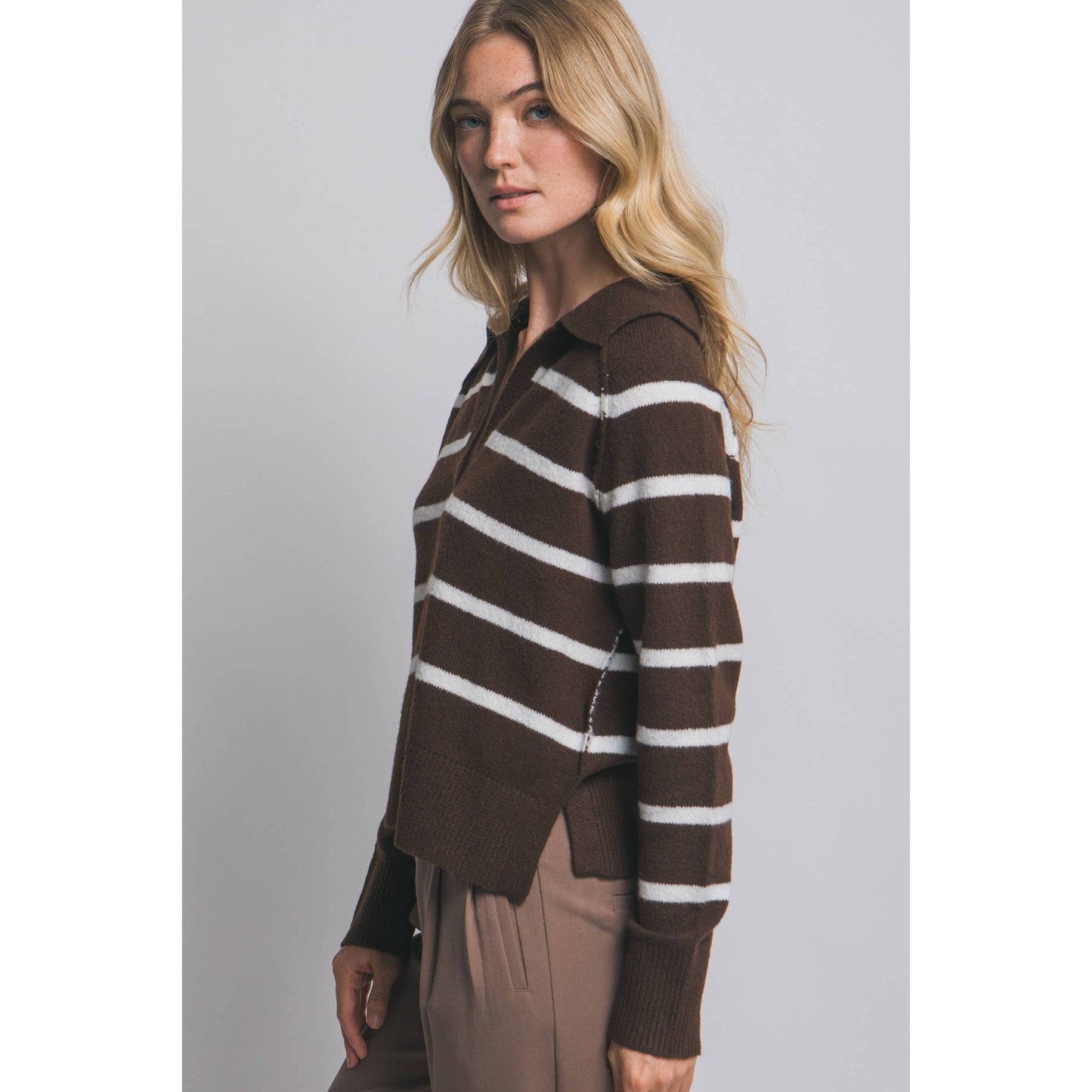 V-Neck Stripe Polo Sweater - Dark Brown/Chocolate