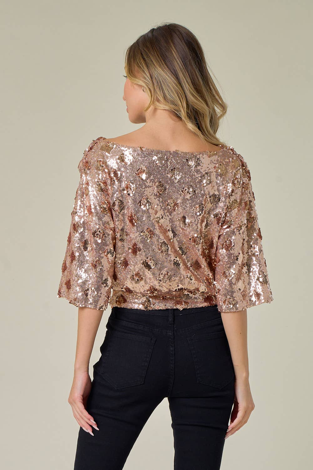 Drop Shoulder Sequin Top - Peachy Gold