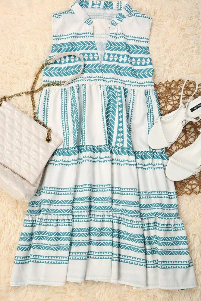 Aztec Print V-neck Sleeveless Mini Dress - Aquamarine FINAL SALE