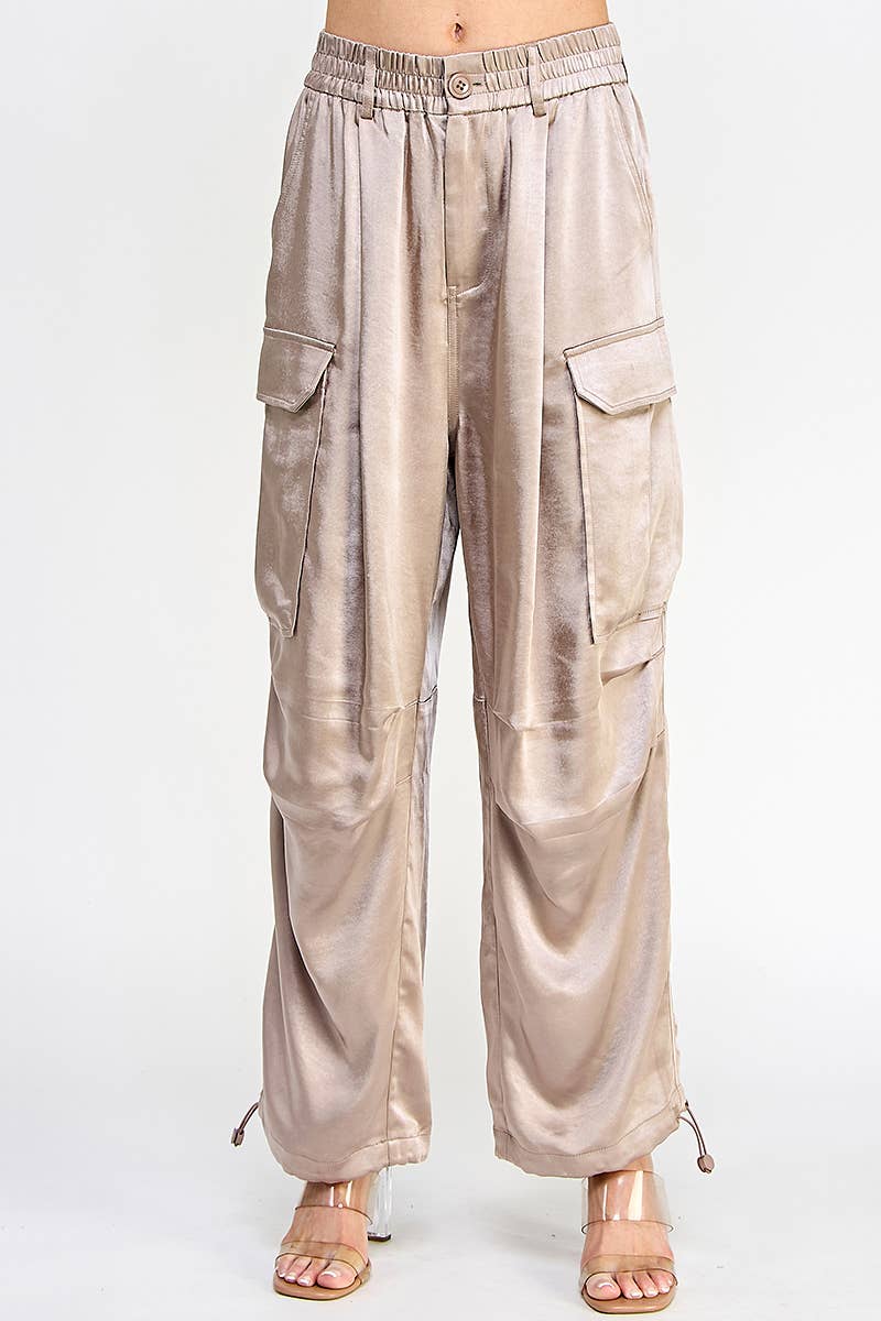 Silky Banded Waist Wide Leg Cargo Pants - Mushroom