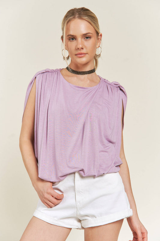 Sleeveless Shirring Crop Knit Top - Lilac