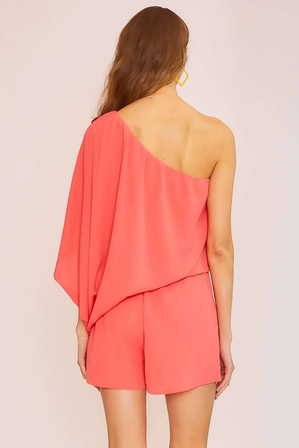 One Shoulder Solid Romper - Coral FINAL SALE