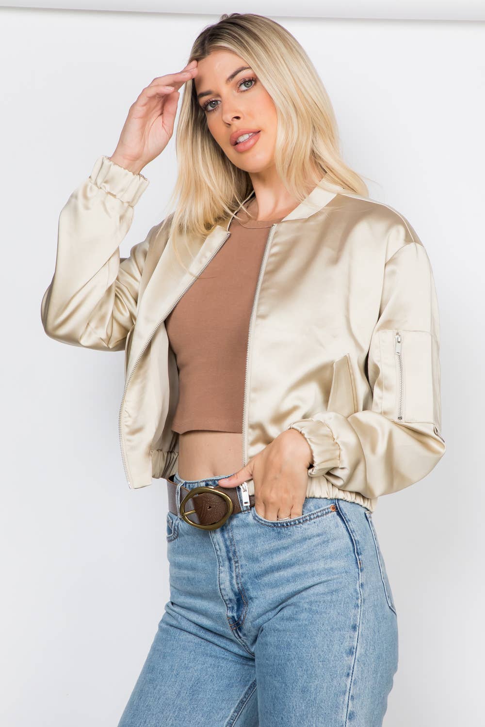 Satin Zip Up Bomber Jacket - Stone/Khaki