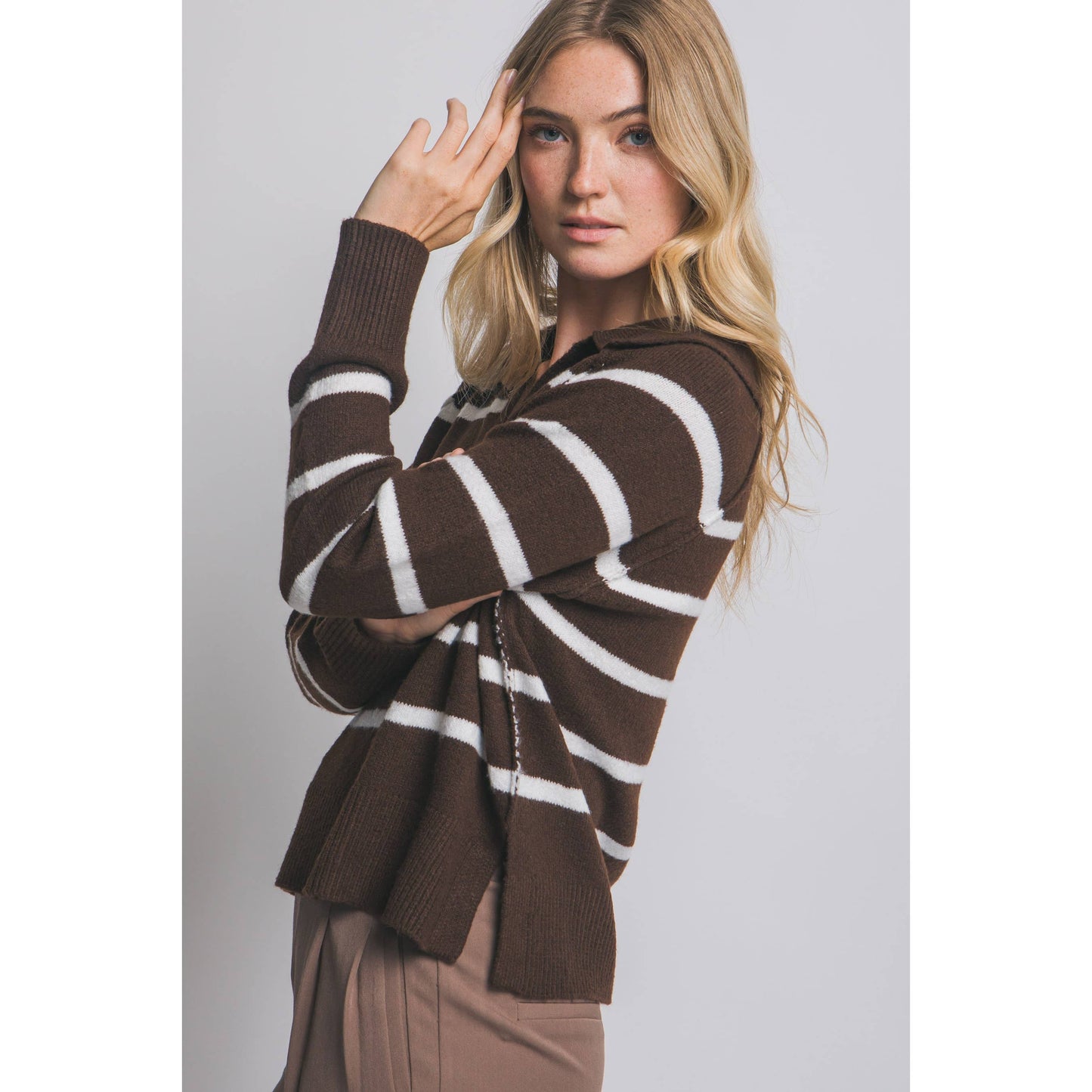 V-Neck Stripe Polo Sweater - Dark Brown/Chocolate