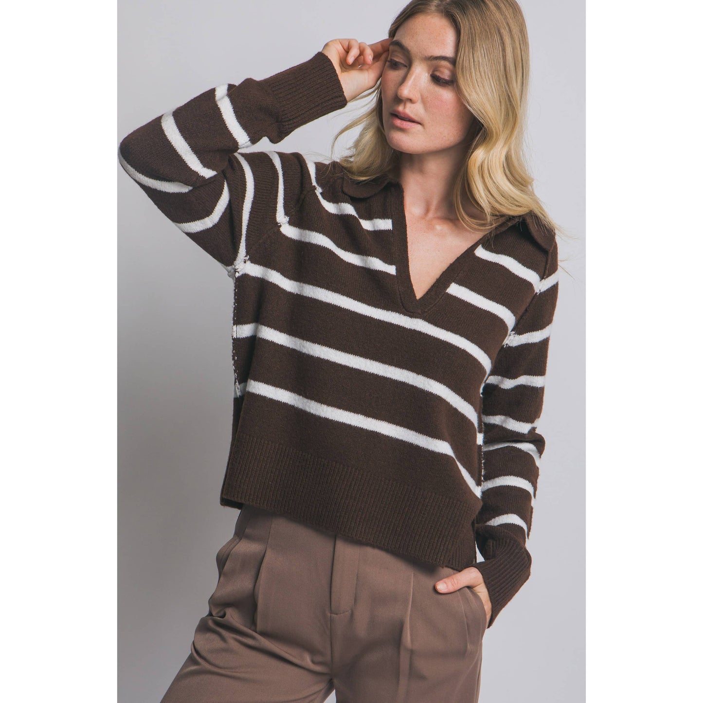 V-Neck Stripe Polo Sweater - Dark Brown/Chocolate