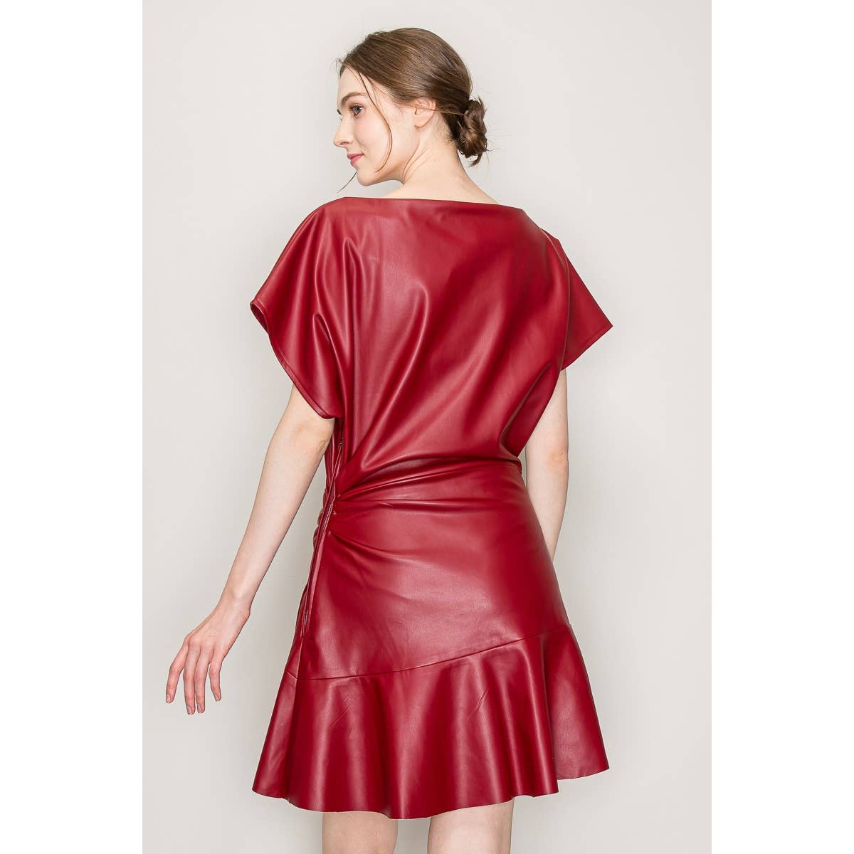 Boat Neck Faux Leather Short Sleeve Mini Dress - Burgundy