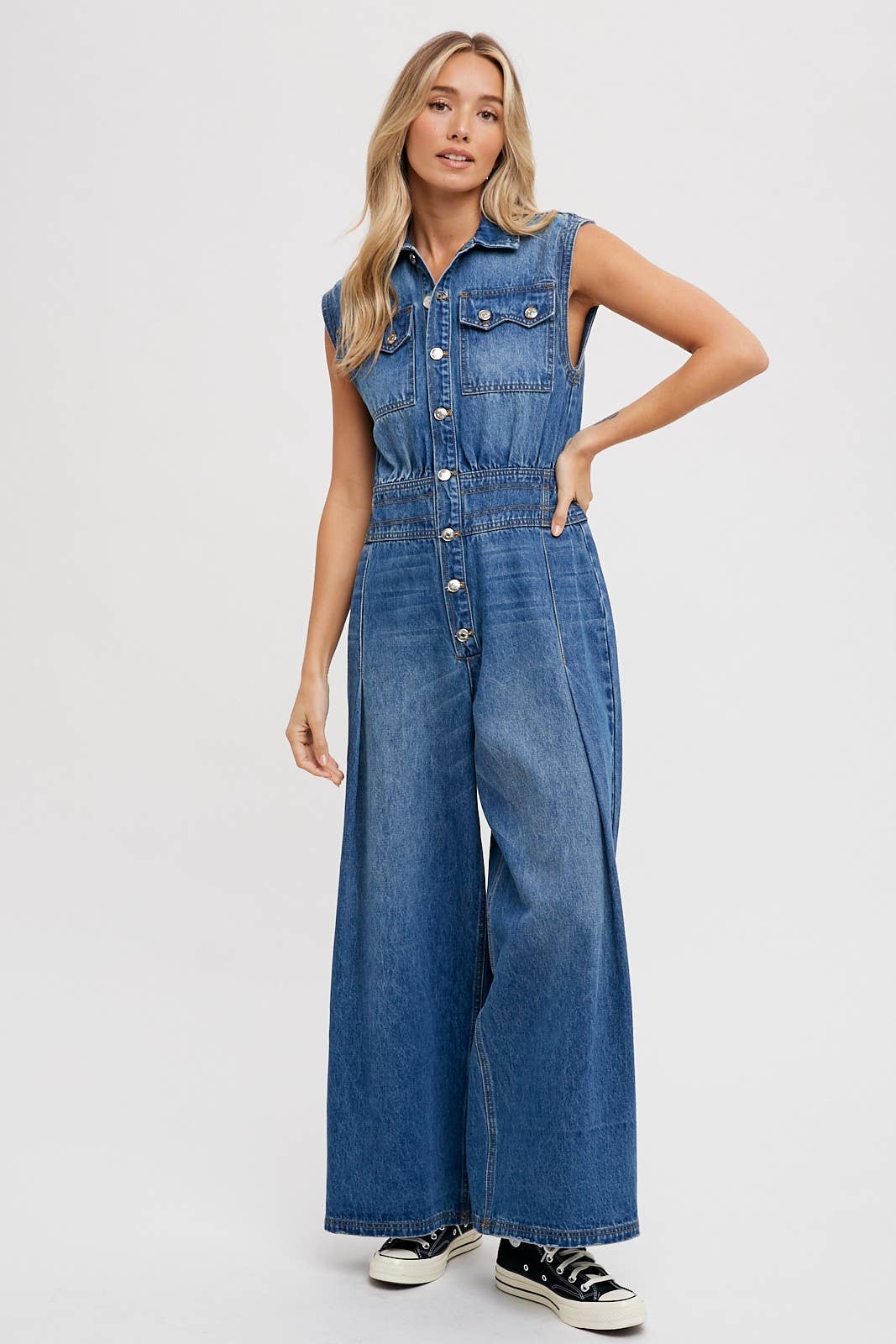 Denim Sleeveless Jumpsuit: Medium Wash FINAL SALE