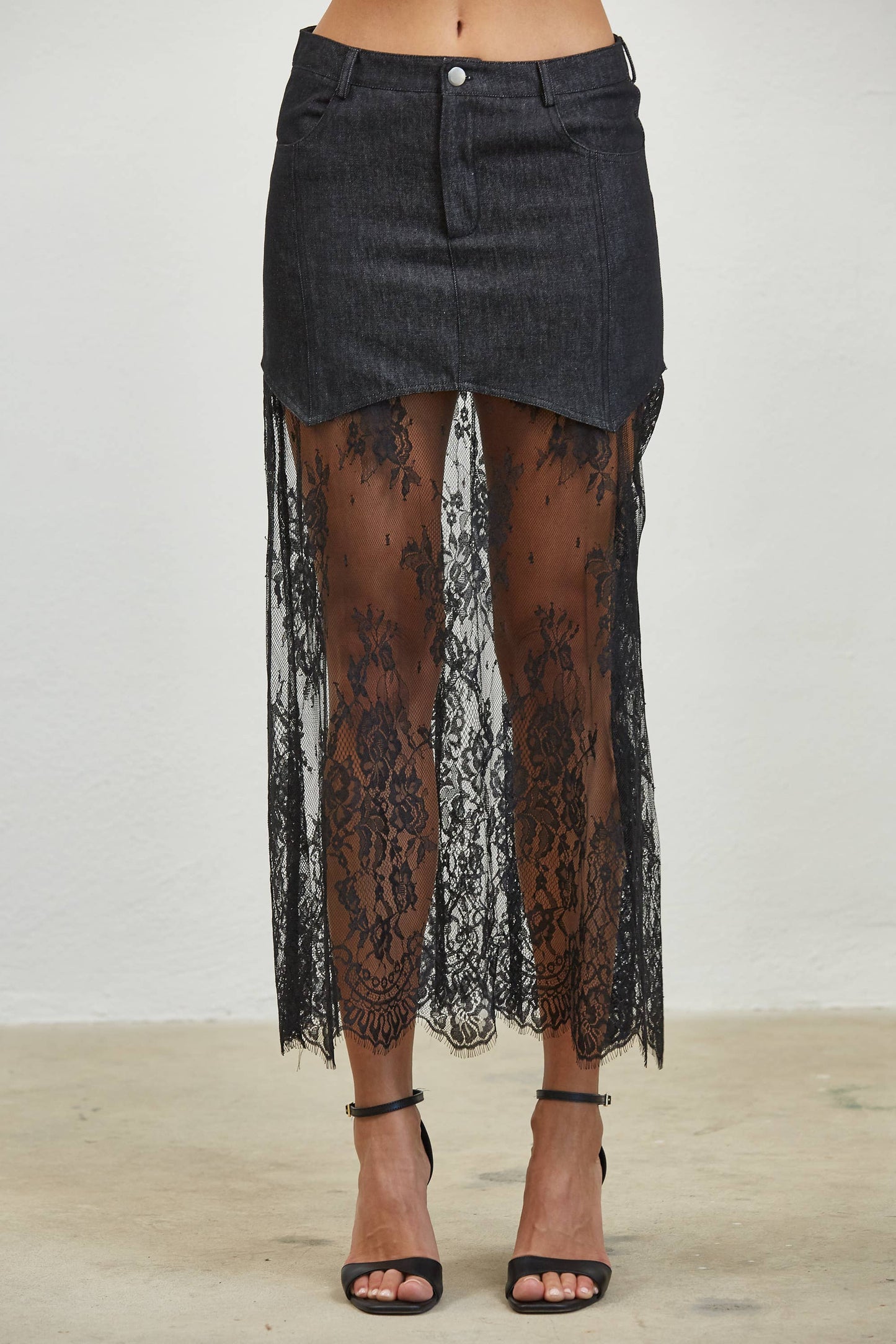 Lace Contrast Denim Maxi Skirt - Black
